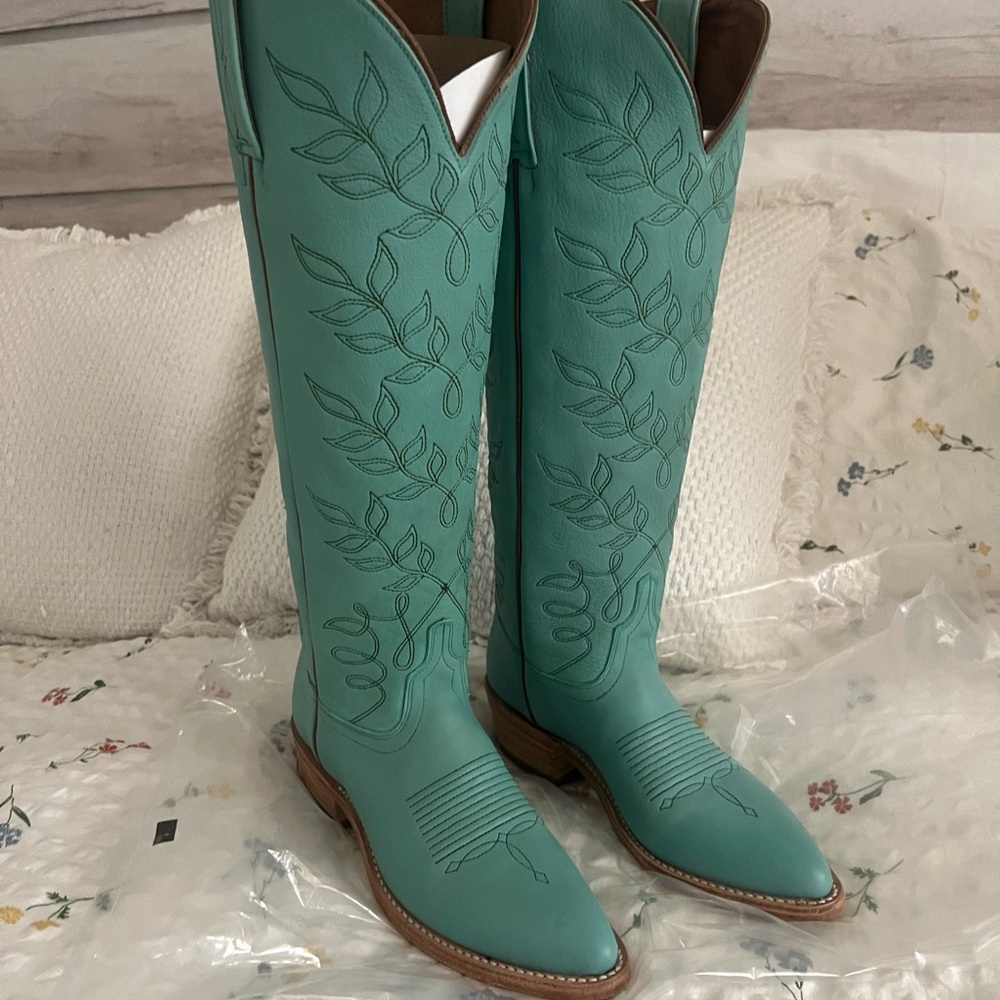 Turquoise Embroidered Knee-High Boots